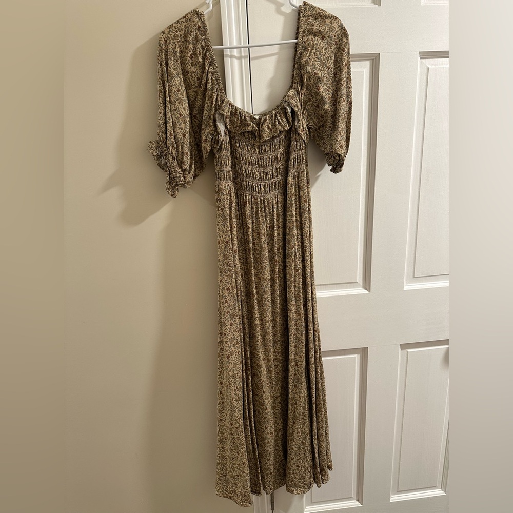 Rylee + Cru Beige Floral Smocked Maxi Dress